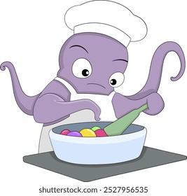 desenho animado ilustração doodle cozinhar deliciosa comida para o cliente, polvo com muitos tentáculos está ocupado sendo um chef profissional