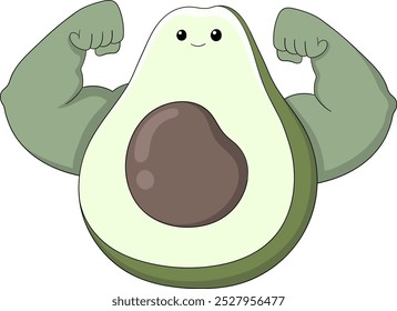 cartoon illustration doodle of nutritional content and vitamins in food that make the body healthy, avocado fruit is flexing strong muscles