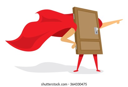 Cartoon illustration of door with cape as super hero