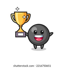 Cartoon Illustration of dot symbol is happy holding up the golden trophy , cute design
