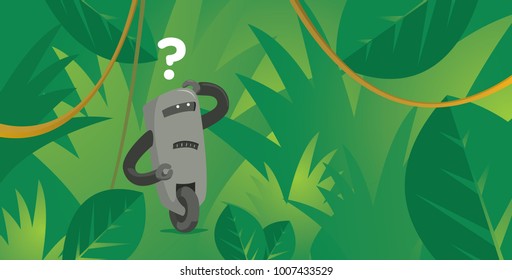 Cartoon illustration of doubtful robot lost in jungle