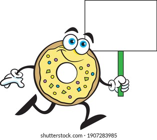 Ilustración de caricatura de una rosquilla corriendo mientras sostiene un cartel.