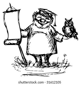 cartoon illustration of DPhi in academic dress with owl and banner