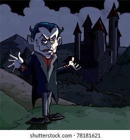 Cartoon illustration of Dracula and castle. Its dark night