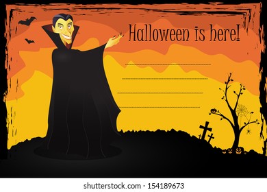 Cartoon illustration of Dracula on a Halloween card