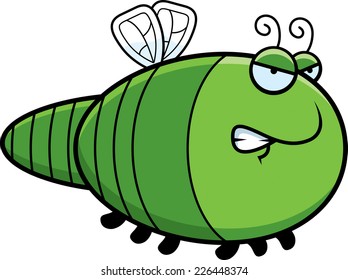 A cartoon illustration of a dragonfly with an angry expression.