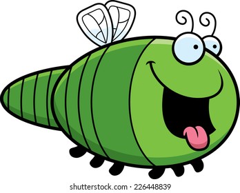 A cartoon illustration of a dragonfly looking hungry.