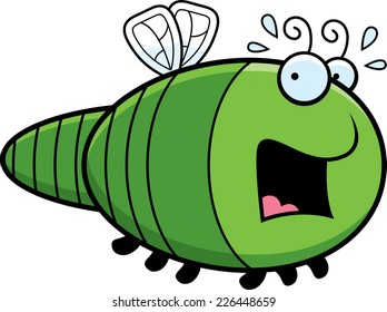 A cartoon illustration of a dragonfly looking scared.