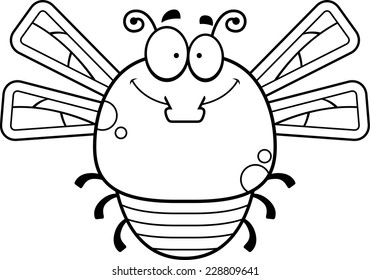 A cartoon illustration of a dragonfly smiling.