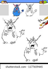 Cartoon Illustration of Drawing and Coloring Educational Activity for Children with Monster Fantasy Character