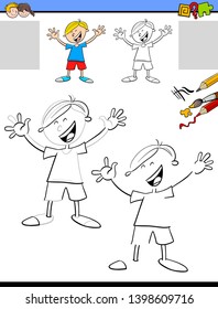 Cartoon Illustration of Drawing and Coloring Educational Activity for Children with Happy Boy Character