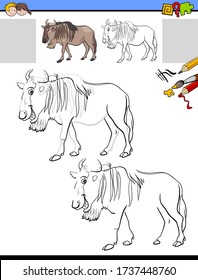 Cartoon Illustration of Drawing and Coloring Educational Activity for Children with Funny Wildebeest or Gnu Antelope Animal Character