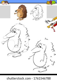 Cartoon Illustration of Drawing and Coloring Educational Activity for Children with Funny Hedgehog Animal Character