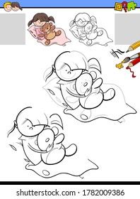 Cartoon Illustration of Drawing and Coloring Educational Activity for Children with Funny Girl Character with her Teddy Bear
