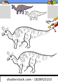 Cartoon Illustration of Drawing and Coloring Educational Activity for Children with Lambeosaurus Prehistoric Dinosaur Character