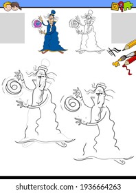 Cartoon illustration of drawing and coloring educational activity for children with wizard fantasy character