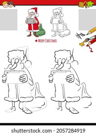 Cartoon illustration of drawing and coloring educational activity for children with Santa Claus Christmas character