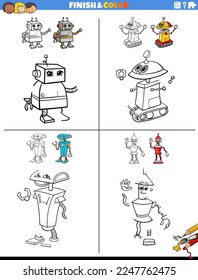 Cartoon illustration of drawing and coloring educational activity for children with robot characters