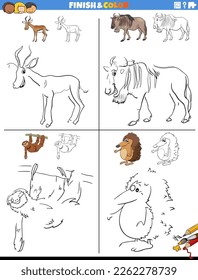 Cartoon illustration of drawing and coloring educational worksheets set with funny comic animals