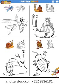 Cartoon illustration of drawing and coloring educational worksheets set with insects and molluscs animal characters