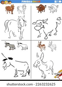 Cartoon illustration of drawing and coloring educational worksheets set with funny farm animals