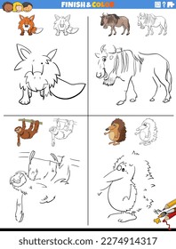 Cartoon illustration of drawing and coloring educational worksheets set with animal characters