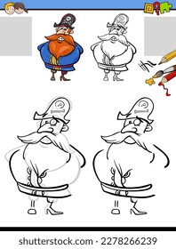 Cartoon illustration of drawing and coloring educational activity for children with pirate character
