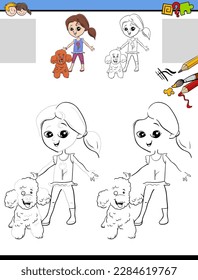 Cartoon illustration of drawing and coloring educational activity with girl character and her poodle dog