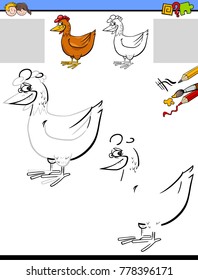 Cartoon Illustration of Drawing and Coloring Educational Activity for Children with Chicken Bird Animal Character