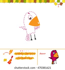 Cartoon Illustration of Drawing Educational Task for Preschool Children with bird. Puzzle connect the dots picture and coloring page. Visual game for kids. 