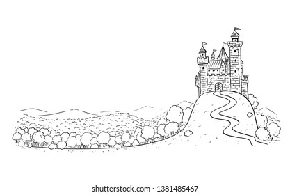 Cartoon Illustration or Drawing of fantasy landscape with medieval castle on hill surrounded by trees and forest with mountains on background.