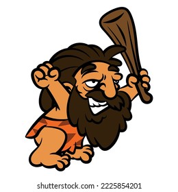 Cartoon illustration of dreadlock Caveman with bearded face, wearing animal skin outfit, hit the club for guarding cave from predator, best for sticker, mascot, and logo with stone age themes