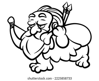 Cartoon illustration of dreadlock Caveman with bearded face, wearing animal skin outfit, going back to cave after hunting an animal with bow and arrow. Best for coloring book with primeval themes