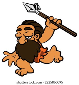 Ilustración de dibujos animados de un Caballero de dreadlock con cara barbada, vestido de piel animal, cazando a un animal con lanza. Mejor para mascotas, logotipo y pegatinas con temas de edad de piedra