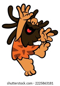 Cartoon illustration of dreadlock Caveman with bearded face, wearing animal skin outfit, jumping because happy. Best for sticker, mascot, and logo with stone age themes