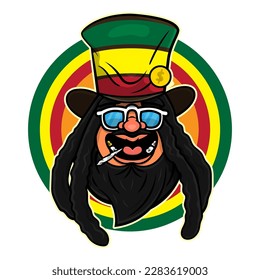 Cartoon illustration of dreadlocks men with bearded face, wearing magician hat with rastafarian flag colors and smoking marijuana. Best for sticker, logo, and mascot with marijuana business themes