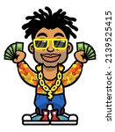 Cartoon illustration of Dreadlocks men wearing expensive and branded outfit with gold accessories and showing his money, best for mascot, logo, and decoration with business and finance themes