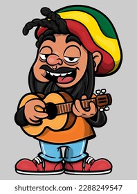 Cartoon illustration of Dreadlocks men wearing casual outfit and beanie hat with rasta flag colors. playing reggae music with acoustic guitar. Best for mascot and logo with reggae music themes