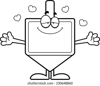 A cartoon illustration of a dreidel ready to give a hug.