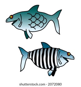 cartoon illustration of dressed and undressed fishes