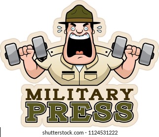 A cartoon illustration of a drill sergeant doing a military press exercise.