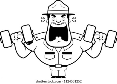 A cartoon illustration of a drill sergeant lifting weights.
