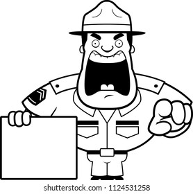 A cartoon illustration of a drill sergeant yelling and pointing with a sign.