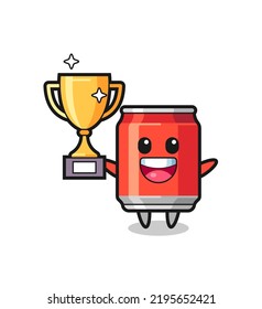 Cartoon Illustration of drink can is happy holding up the golden trophy , cute style design for t shirt, sticker, logo element