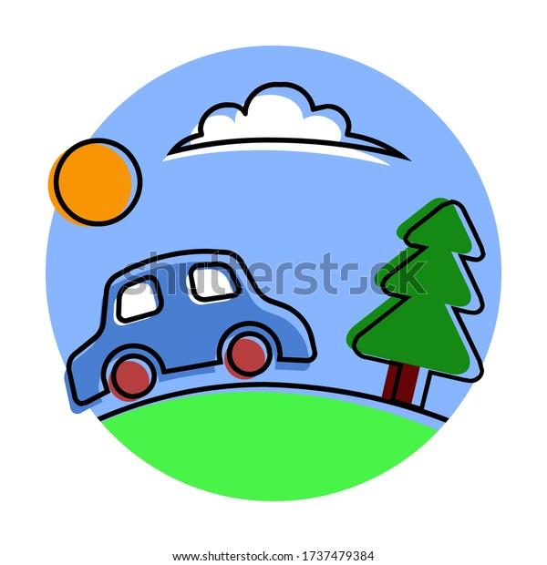 cartoon illustration of driving the car in the sunny\
day, and the cloud and\
tree