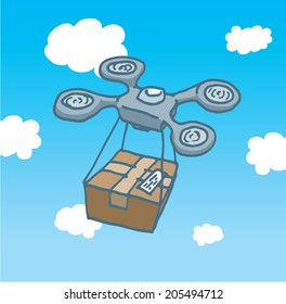 Cartoon illustration of a drone copter flying and delivering a post office box 