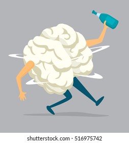 Cartoon illustration of drunk brain holding a bottle