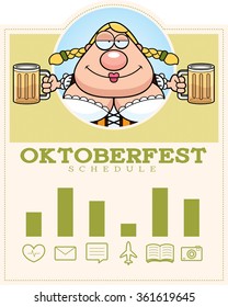 A cartoon illustration of a drunk woman in an Oktoberfest themed graphic.