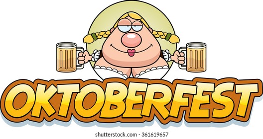 A cartoon illustration of a drunk woman in an Oktoberfest themed graphic.