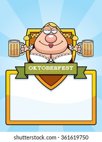A cartoon illustration of a drunk woman in an Oktoberfest themed graphic.
